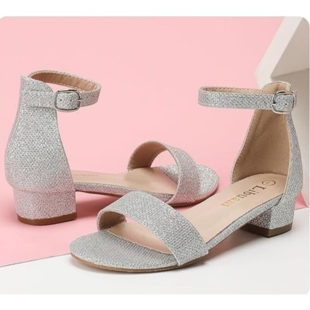 New Girls Sz 5 Low Chunky Block Heels Sandals Ankle Strap Open Toe Party Shoes